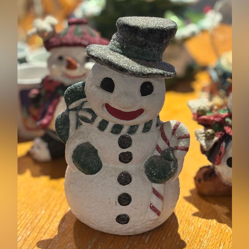 Festive Christmas Ceramic Snowman in Black Top Hat Statue Holiday Decor